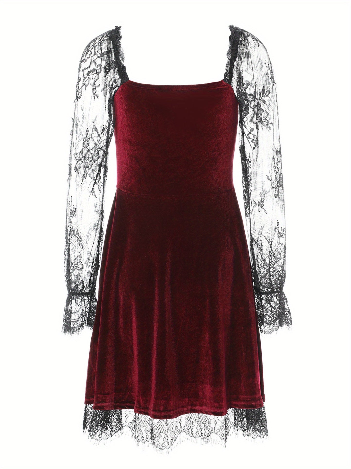 Women Dress, Solid Color Lace Stitching V-Neck Long Flare Sleeve One-Piece for Halloween Party