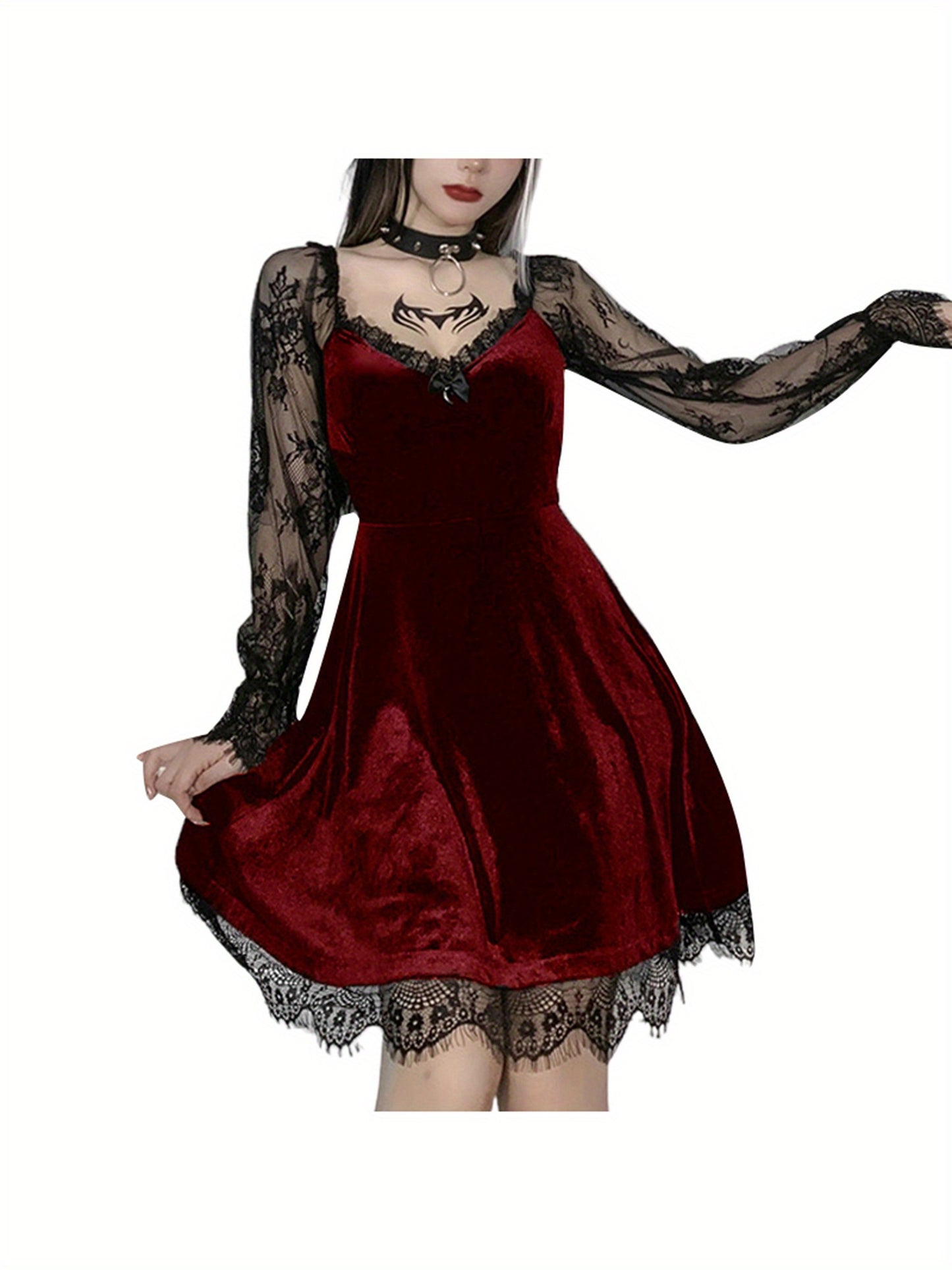 Women Dress, Solid Color Lace Stitching V-Neck Long Flare Sleeve One-Piece for Halloween Party