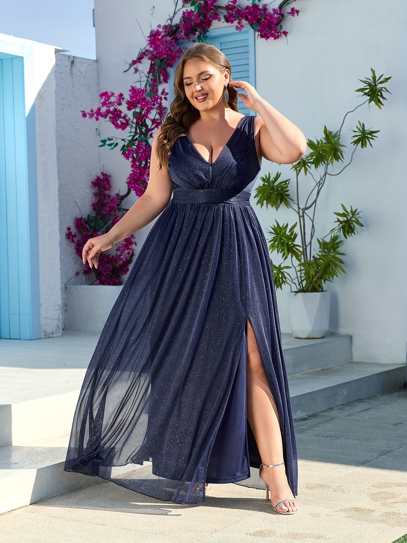 Plus Size Women Dress V Neck Split Sleeveless Long Maxi Sparking Long Dress for Ladies Makeup Wedding Party Date Dinner Charming Clothing Retro Style