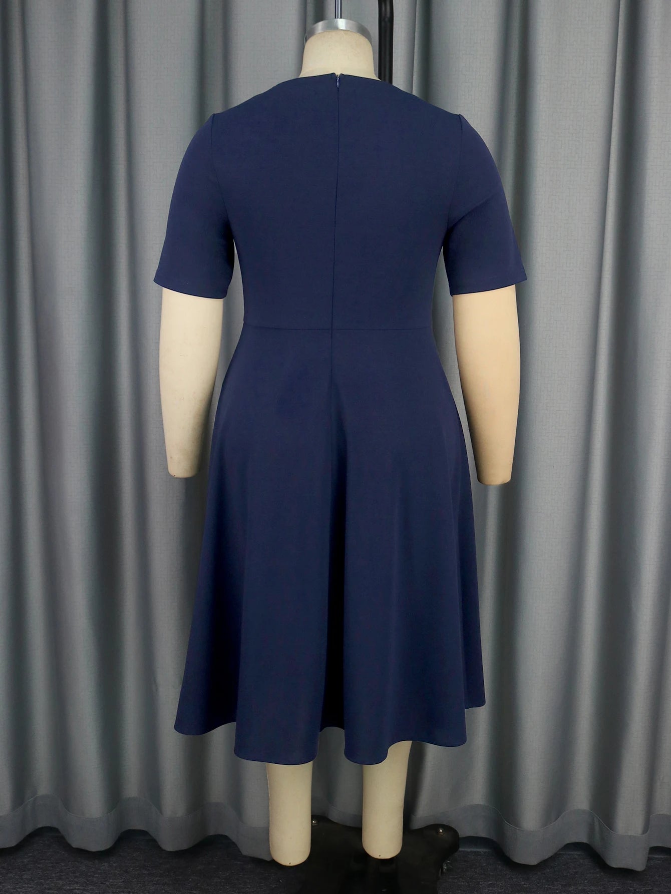 AM040926 Asymmetry Neck Short Sleeves Navy a Line Pleated Casual Plus Size Women Dress with Belt
