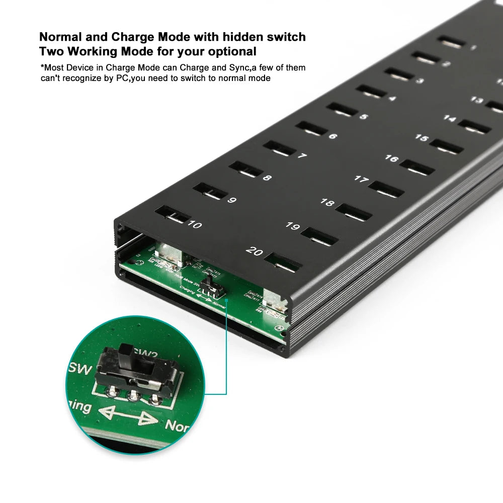 Sipolar a805p 20 Port USB 2.0 Mountable Charging and Data Hub with External Adapter 120W for Bitcoin Miners 3G 4G Modem