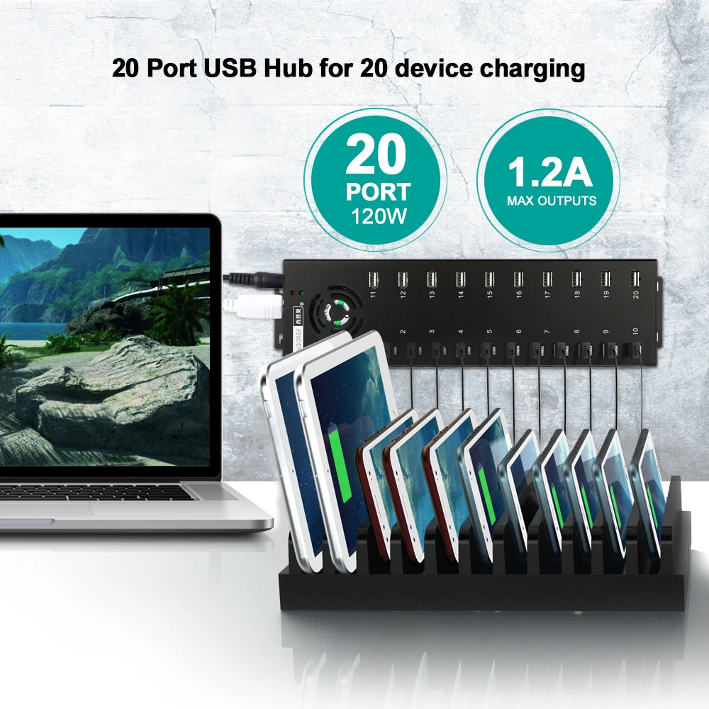 Sipolar a805p 20 Port USB 2.0 Mountable Charging and Data Hub with External Adapter 120W for Bitcoin Miners 3G 4G Modem