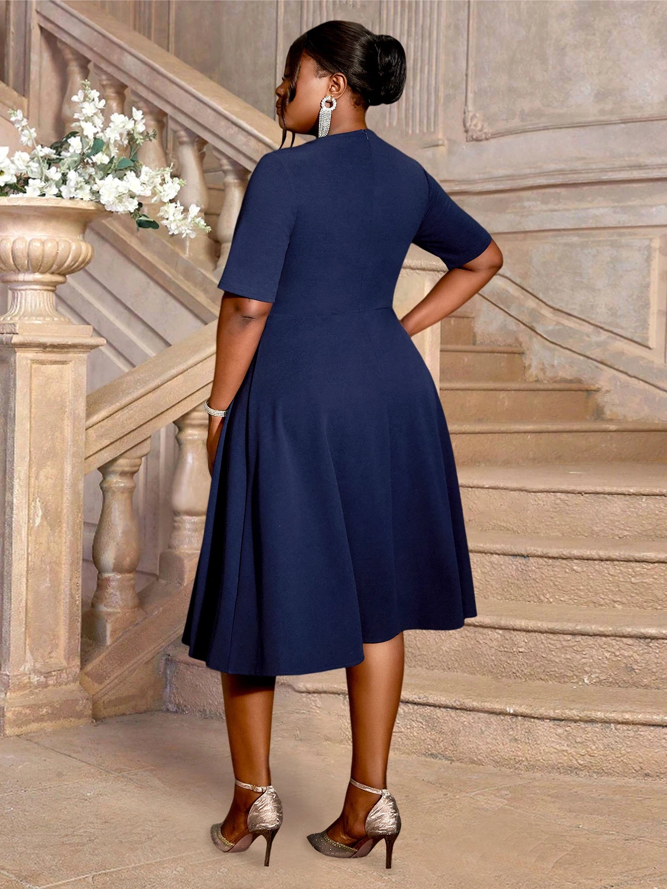AM040926 Asymmetry Neck Short Sleeves Navy a Line Pleated Casual Plus Size Women Dress with Belt