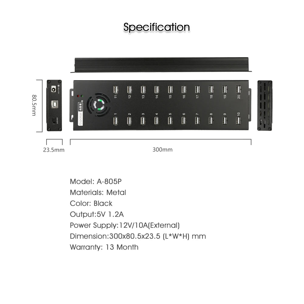 Sipolar a805p 20 Port USB 2.0 Mountable Charging and Data Hub with External Adapter 120W for Bitcoin Miners 3G 4G Modem