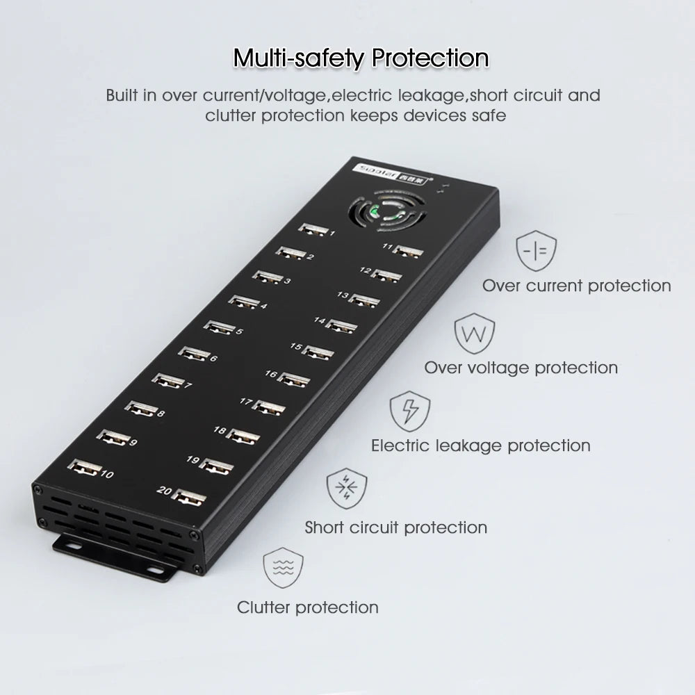 Sipolar a805p 20 Port USB 2.0 Mountable Charging and Data Hub with External Adapter 120W for Bitcoin Miners 3G 4G Modem