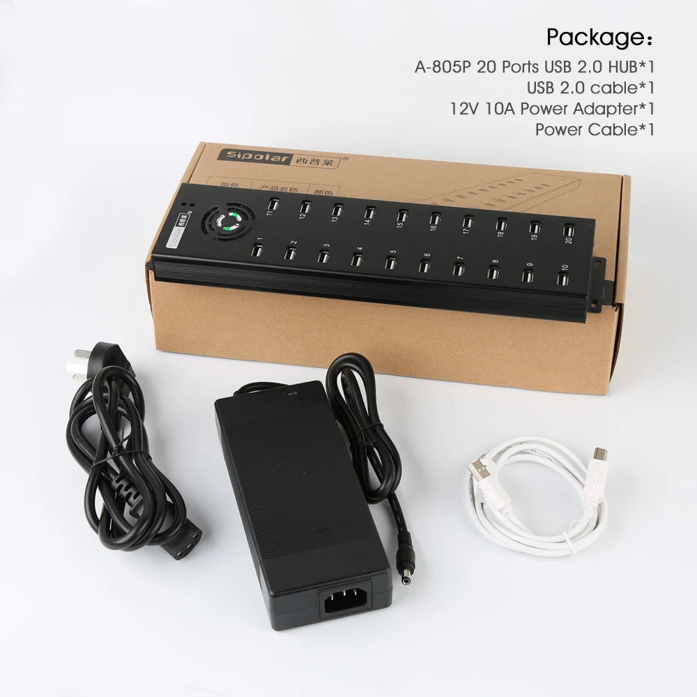 Sipolar a805p 20 Port USB 2.0 Mountable Charging and Data Hub with External Adapter 120W for Bitcoin Miners 3G 4G Modem