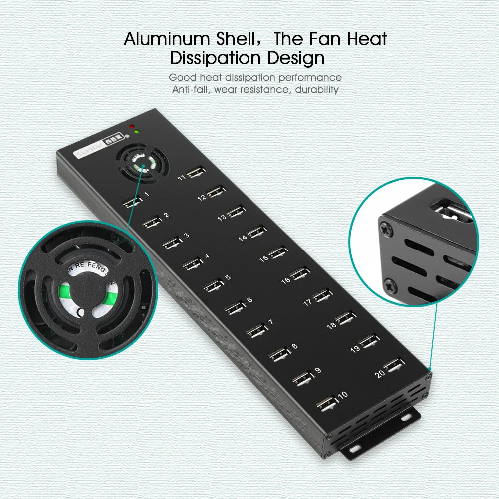 Sipolar a805p 20 Port USB 2.0 Mountable Charging and Data Hub with External Adapter 120W for Bitcoin Miners 3G 4G Modem