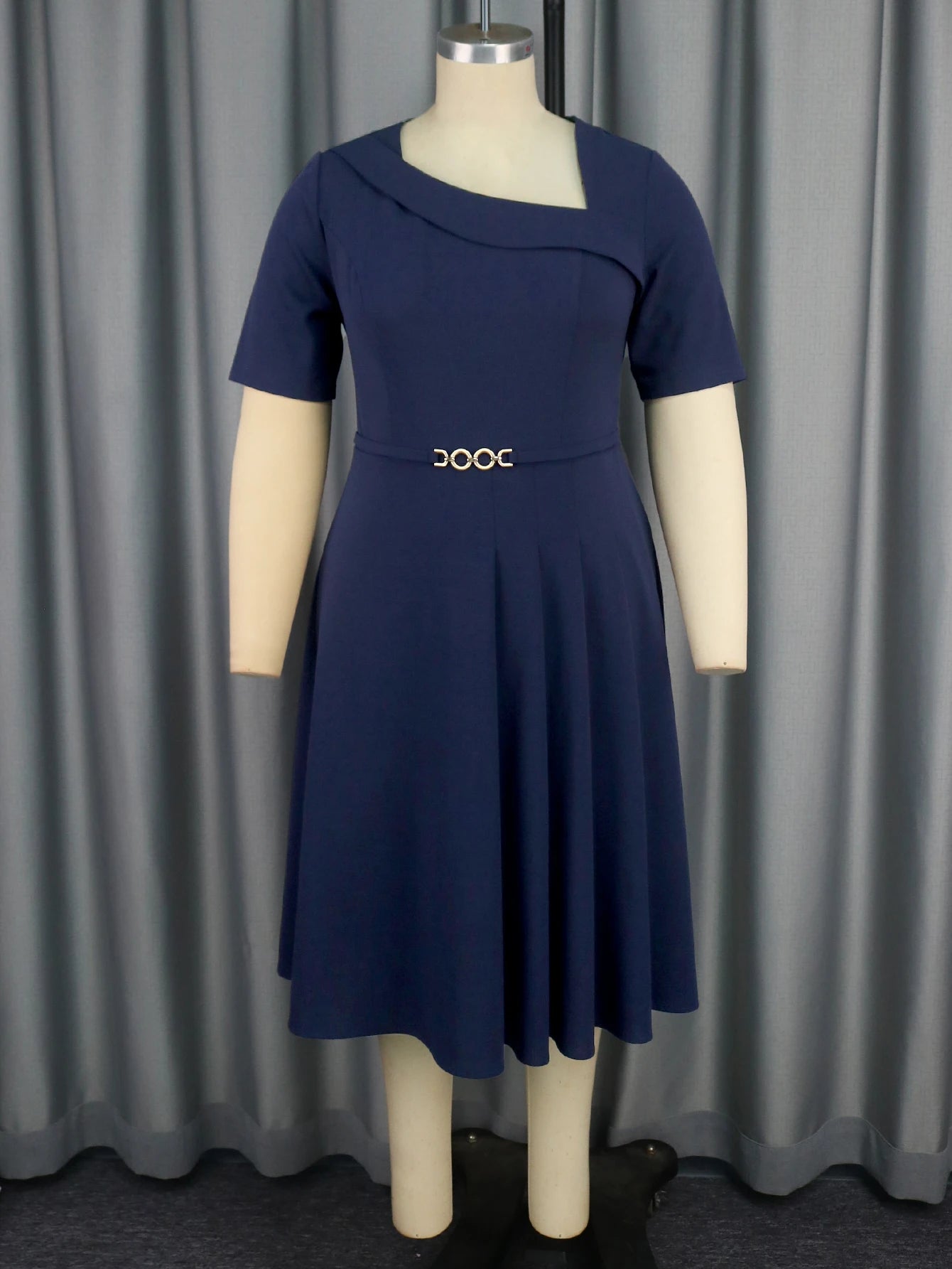AM040926 Asymmetry Neck Short Sleeves Navy a Line Pleated Casual Plus Size Women Dress with Belt