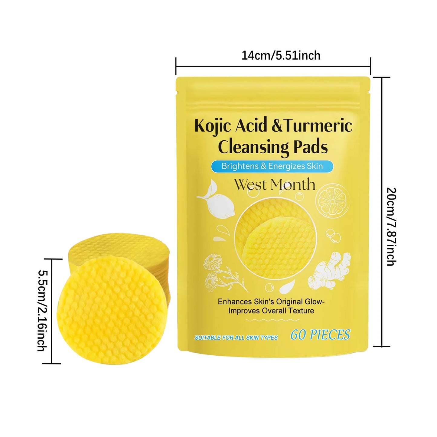 Turmeric Kojic Acid Cleansing Pads Exfoliating Remove Dead Skin Acne Fade Melanin Oil Control Nourish Glow Facial Wash Sponges