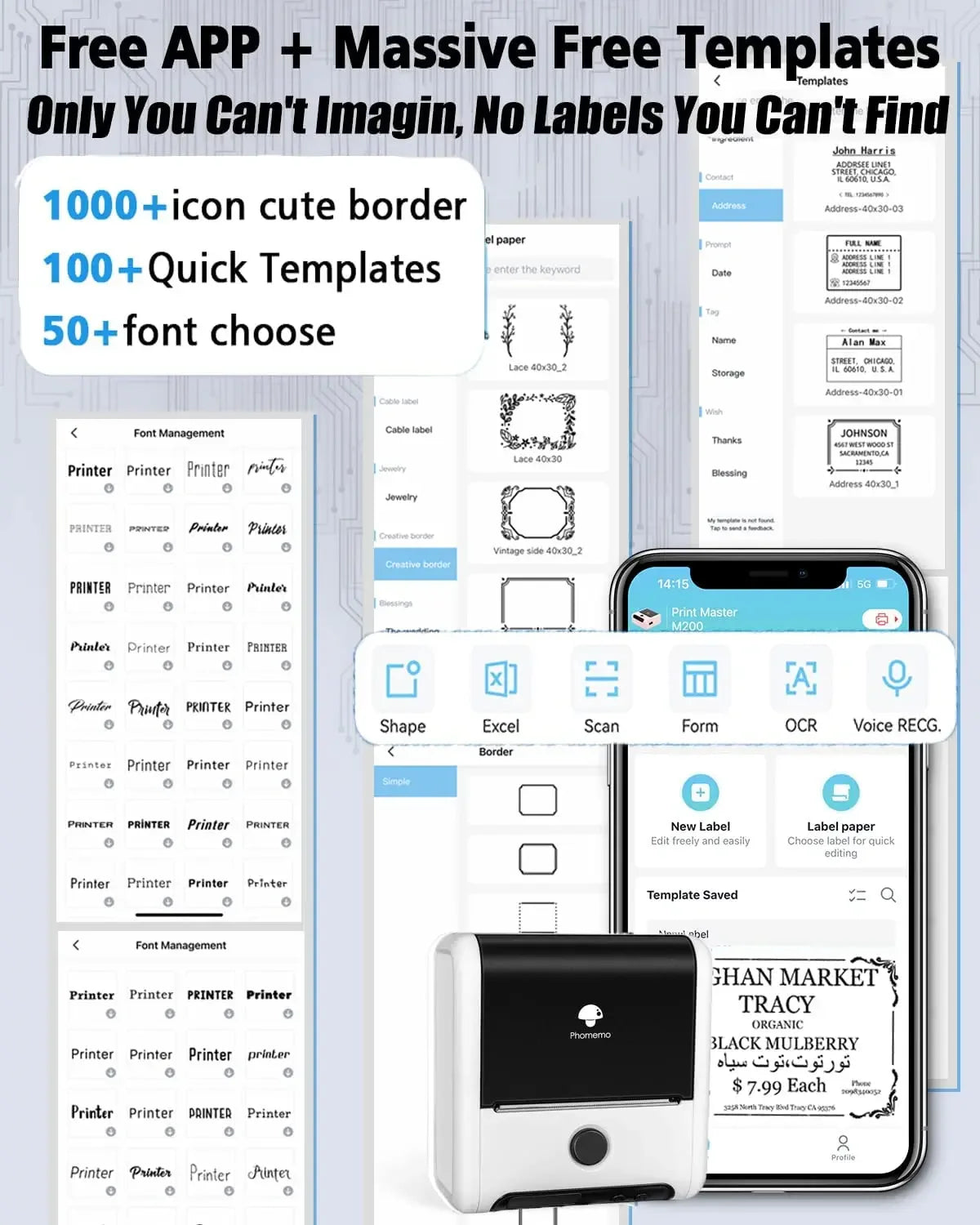 Phomemo M200 Bluetooth Thermal Label Printer Sticker Label Maker for Small Businesses Shipping and Address Labels (20-75mm)