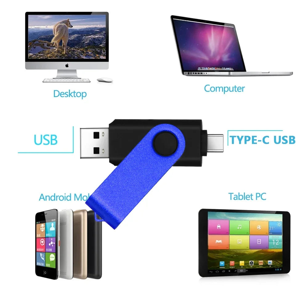 TYPE-C 2 IN 1 Pen Drive With Free key Ring 128GB Rotatable Metal USB 2.0 Flash Drive 64GB Business Gift Memory Stick 32GB 16GB