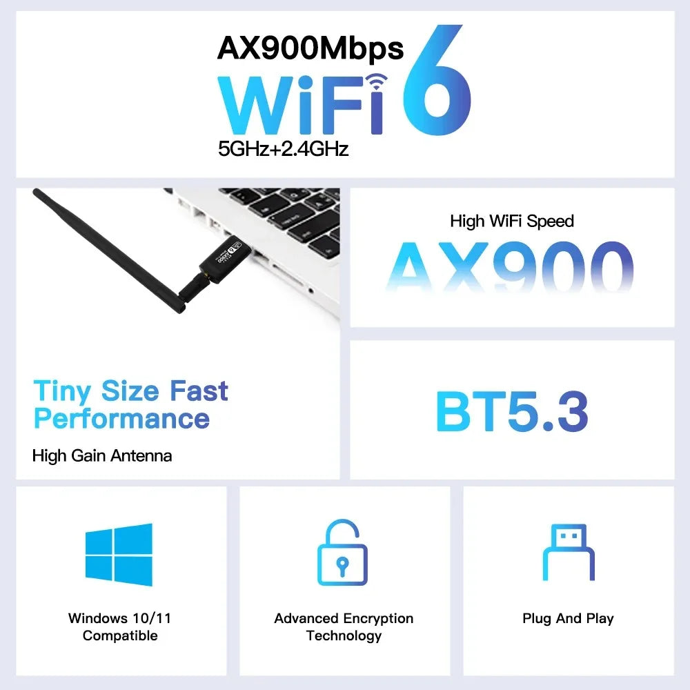 AX900 USB WiFi Adapter Dual Band Wi-Fi 6 Dongle Wireless Network Card Bluetooth 5.3 Receiver For PC Driver Free For Win10/11