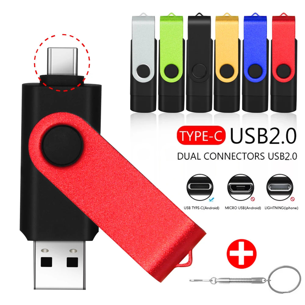 TYPE-C 2 IN 1 Pen Drive With Free key Ring 128GB Rotatable Metal USB 2.0 Flash Drive 64GB Business Gift Memory Stick 32GB 16GB