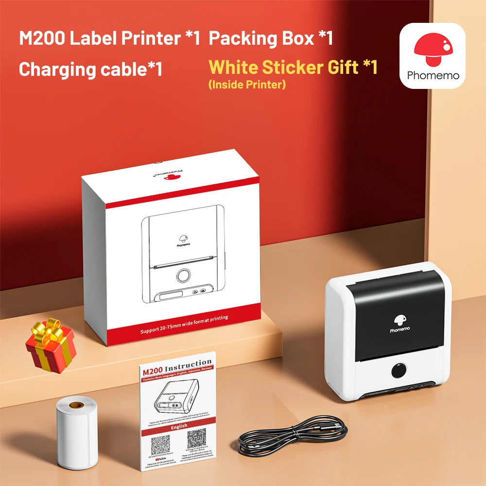 Phomemo M200 Bluetooth Thermal Label Printer Sticker Label Maker for Small Businesses Shipping and Address Labels (20-75mm)