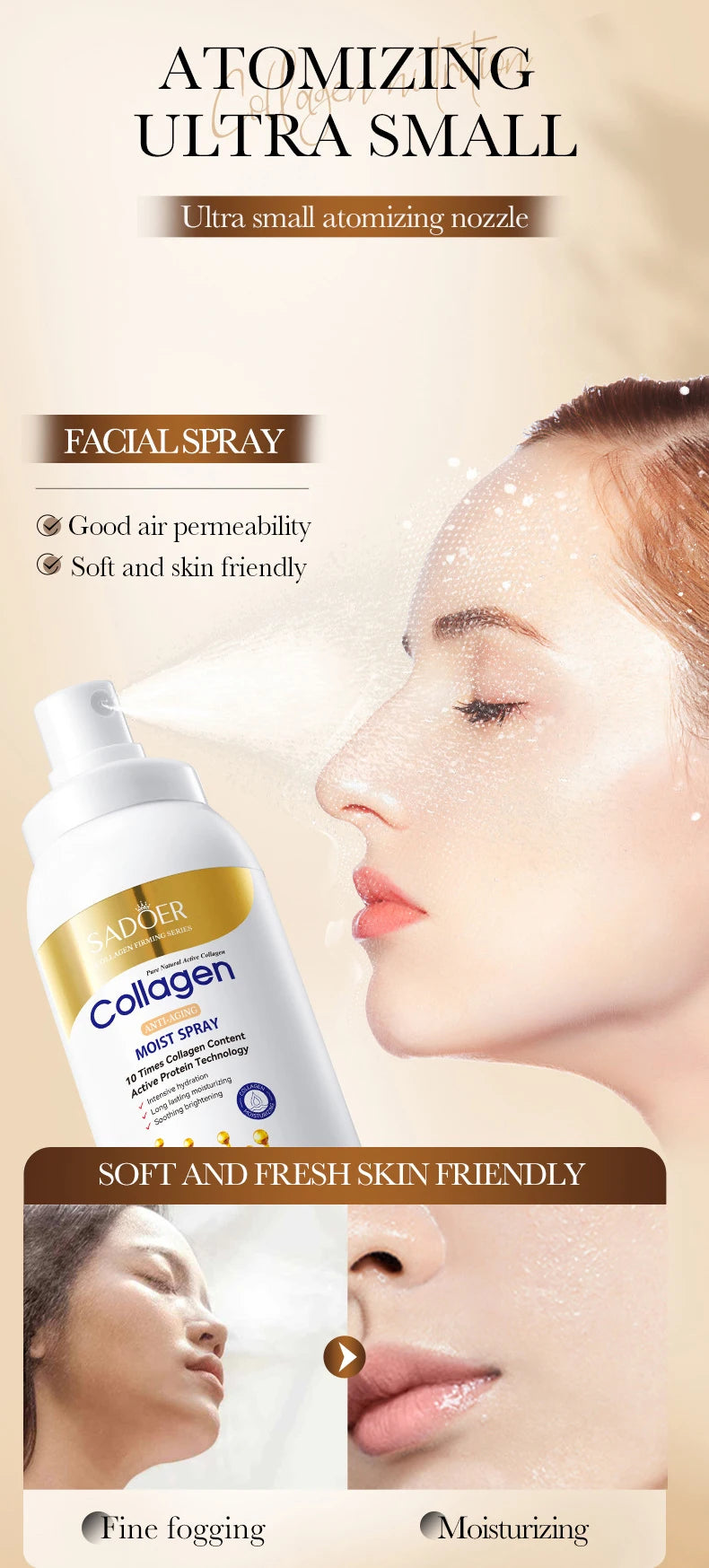 SADOER Collagen Anti Wrinkle Moisturizing Facial Spray Cream Hydrating Whitening Anti-aging Face Cream Toner Facial Lotion