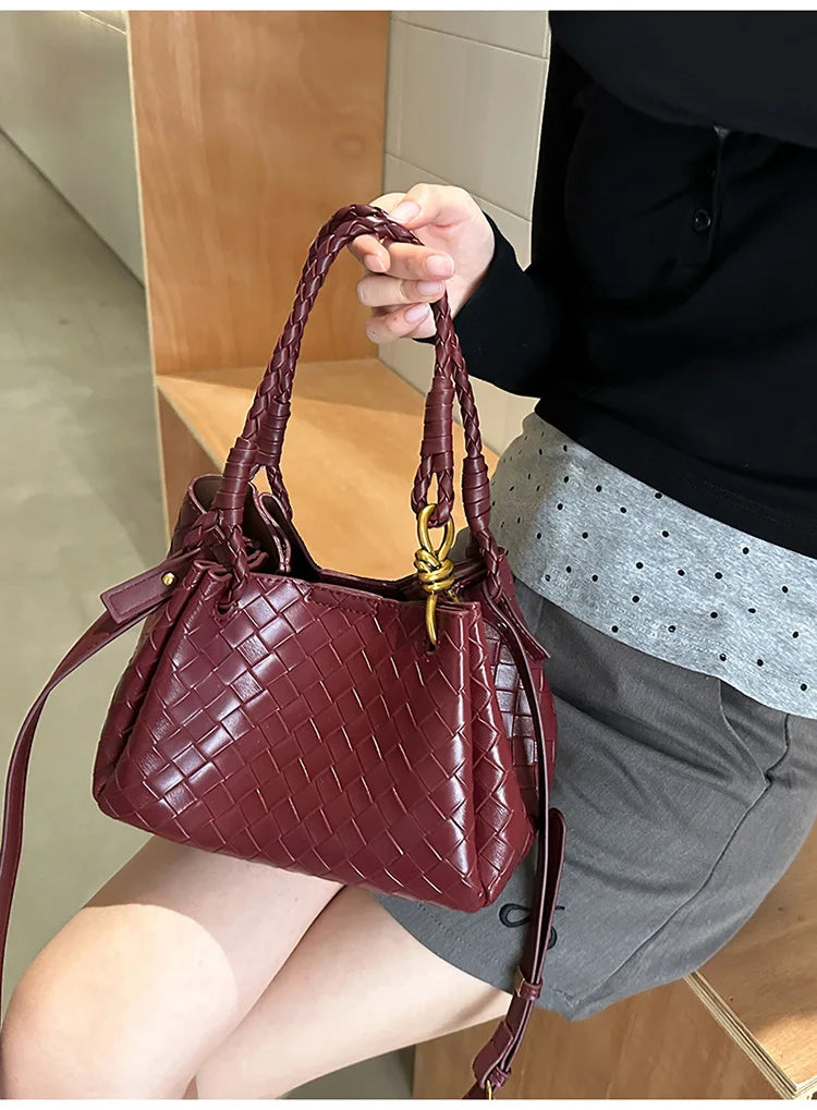 Woven Texture Bucket Bag - Stylish Unique Tote Basket Handbag, Soft Leather Crossbody/Shoulder Purse for Women
