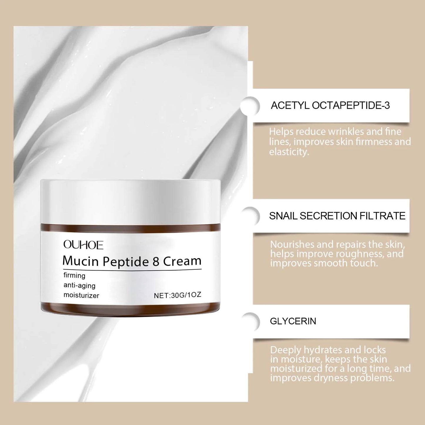 Mucin Peptide 8 Cream Moisturizing Smoothing Facial Skin Tighten Fade Fine Lines Nourish Brighten Skin Care For Rough Dry Skin