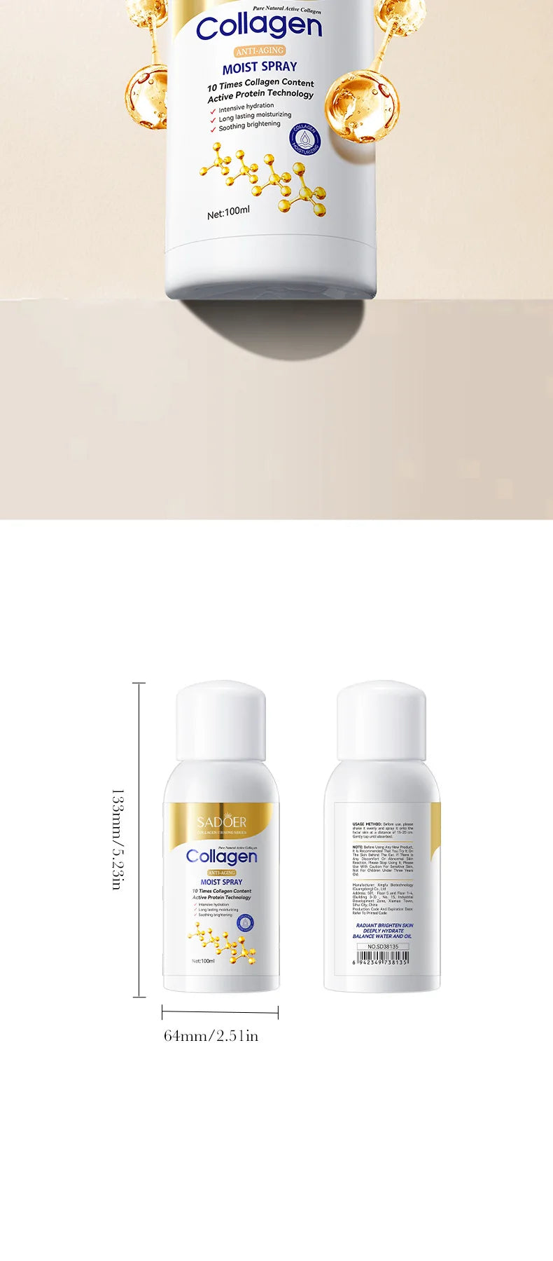 SADOER Collagen Anti Wrinkle Moisturizing Facial Spray Cream Hydrating Whitening Anti-aging Face Cream Toner Facial Lotion
