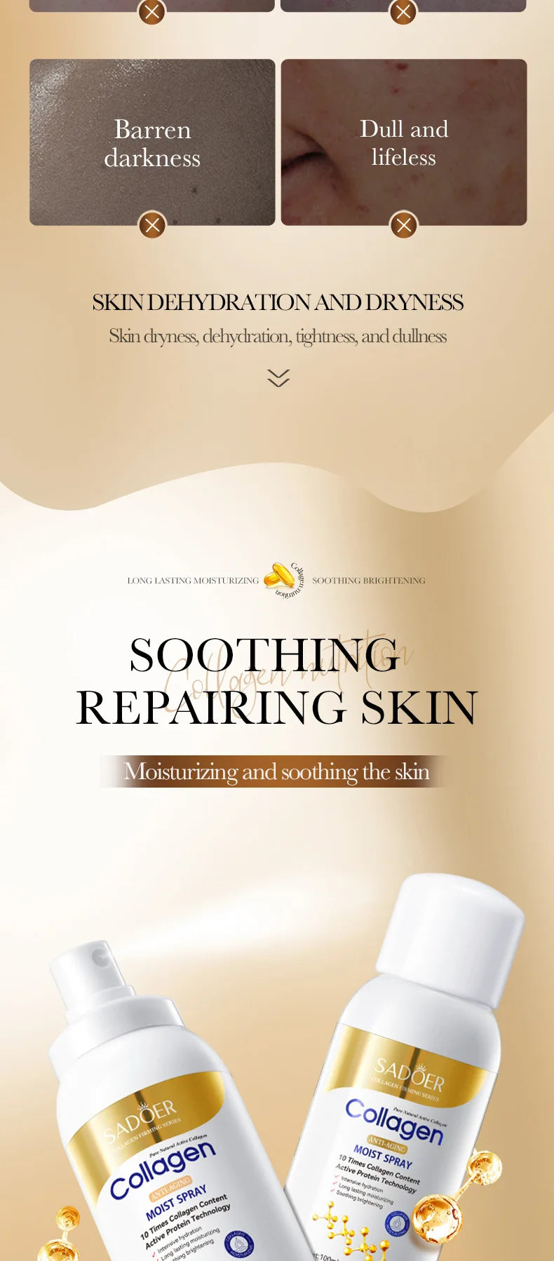 SADOER Collagen Anti Wrinkle Moisturizing Facial Spray Cream Hydrating Whitening Anti-aging Face Cream Toner Facial Lotion