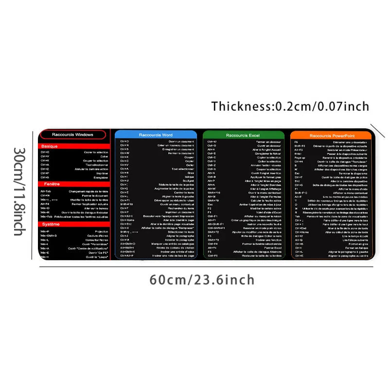French Excel Shortcuts Pattern Large Mouse Pad Office Desk Mat Computer Keyboard Pad Starters Gift for Office Workers Students