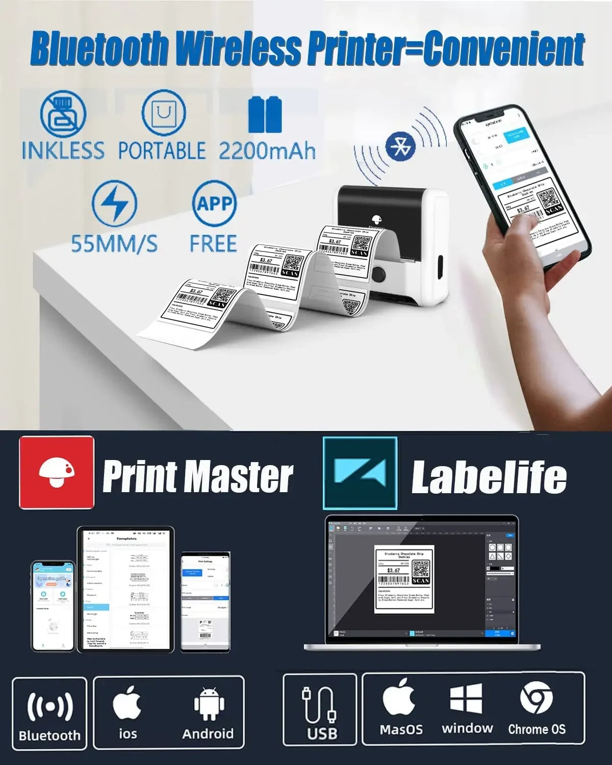 Phomemo M200 Bluetooth Thermal Label Printer Sticker Label Maker for Small Businesses Shipping and Address Labels (20-75mm)
