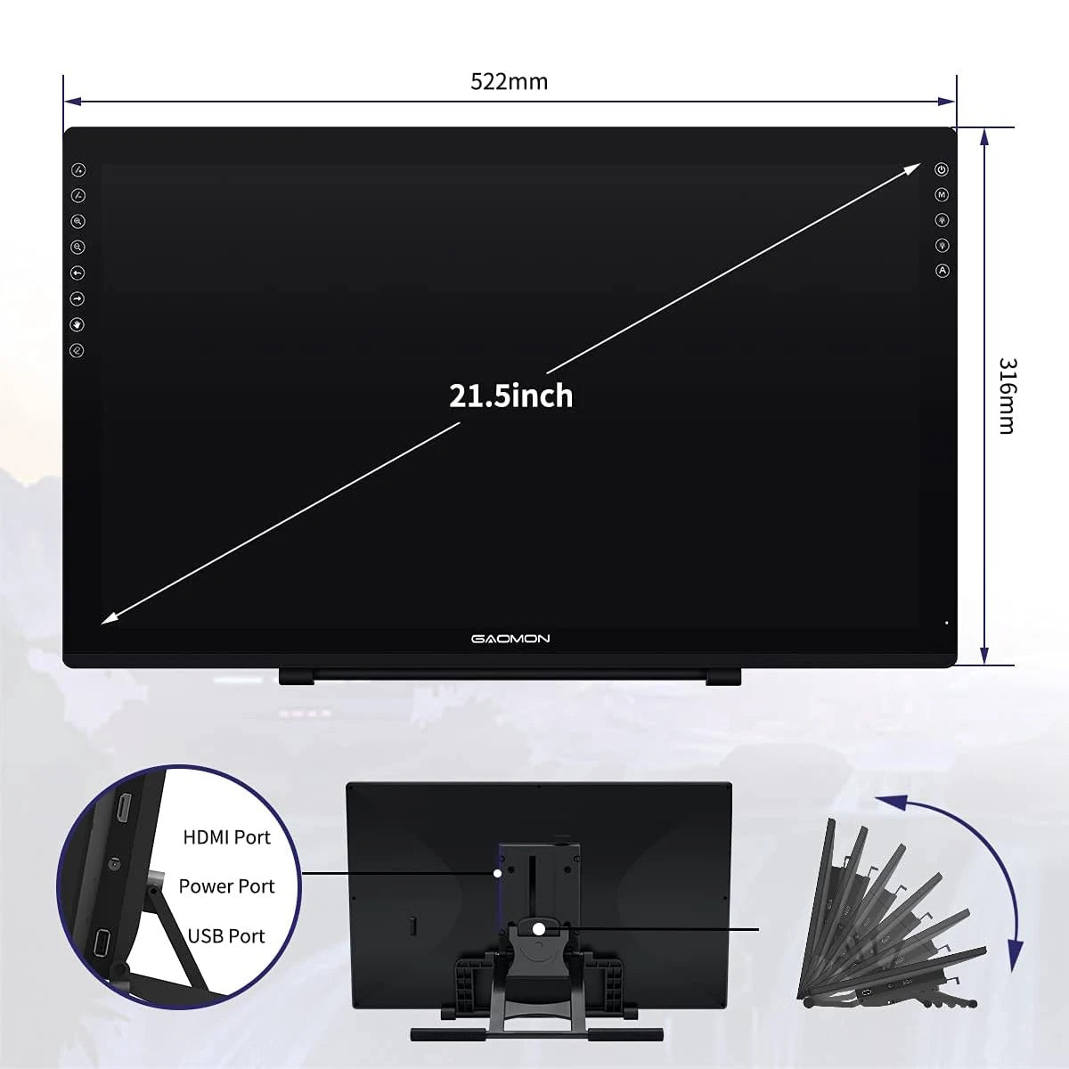 GAOMON Graphics Tablet PD2200 21.5 Inch Anti-Glare Screen Pen Display for Drawing with 8 Shortcut Keys Adjustable Stand Glove