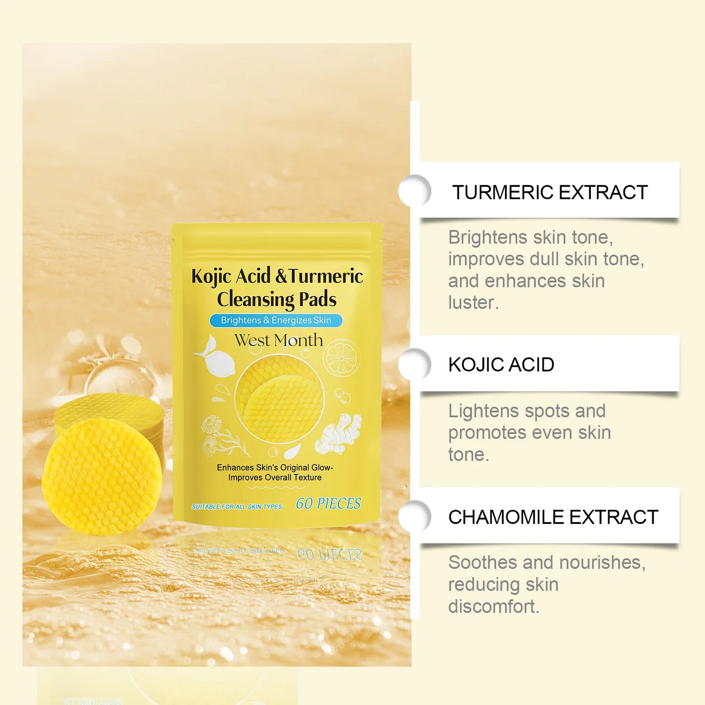 Turmeric Kojic Acid Cleansing Pads Exfoliating Remove Dead Skin Acne Fade Melanin Oil Control Nourish Glow Facial Wash Sponges
