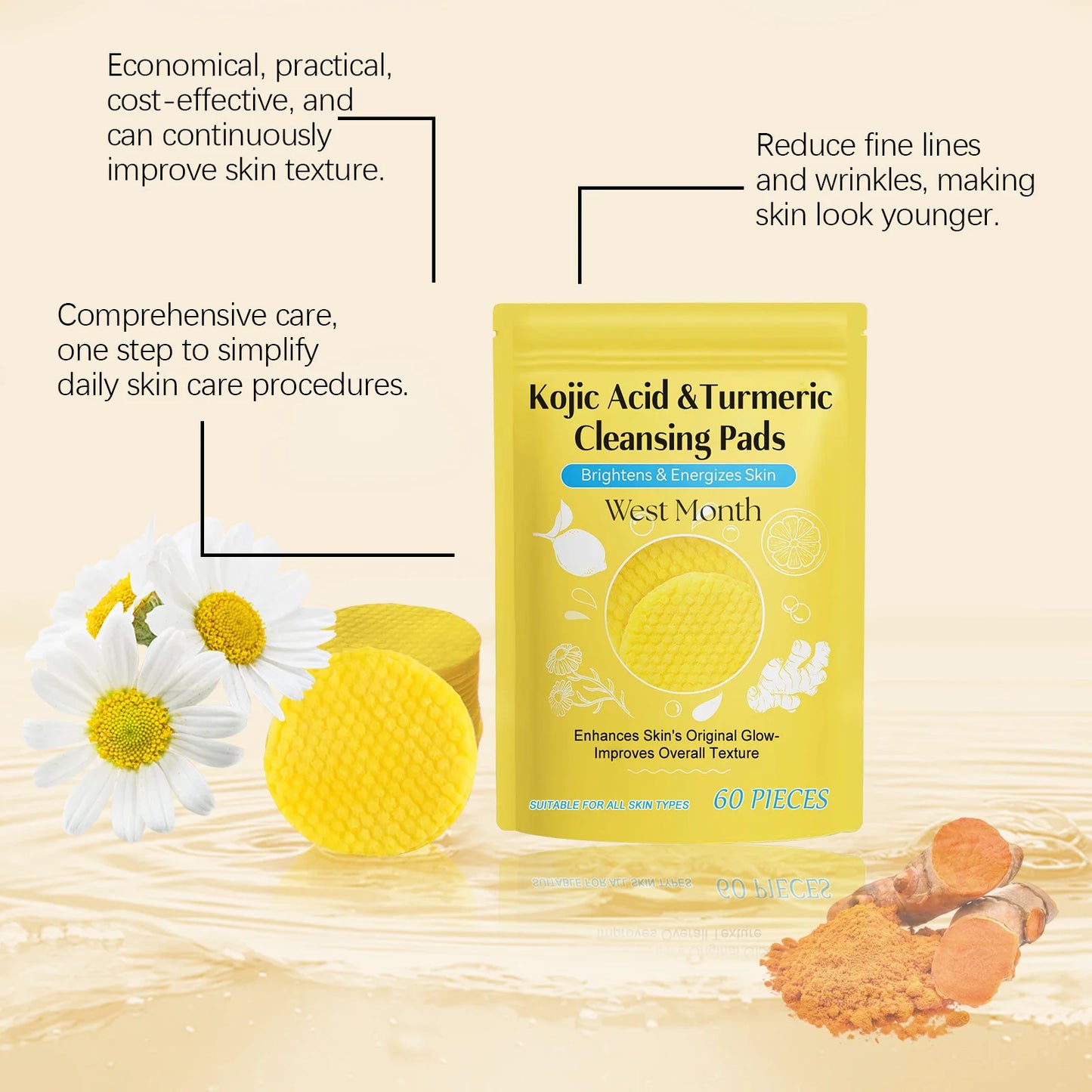 Turmeric Kojic Acid Cleansing Pads Exfoliating Remove Dead Skin Acne Fade Melanin Oil Control Nourish Glow Facial Wash Sponges