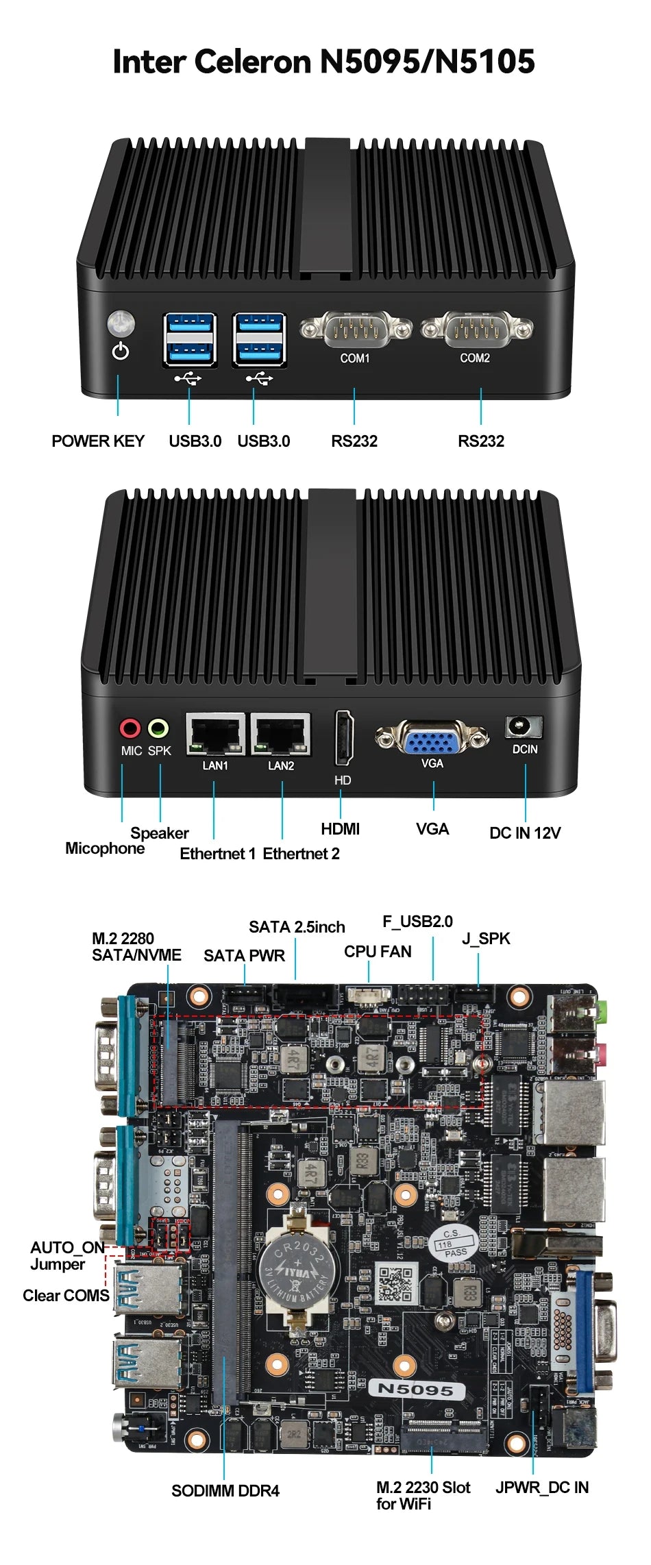 Industrial Fanless Mini PC Celeron J4125 Core i3-5005U Dual LAN 2*COM HDMI WIFI Windows 10 Nettop Office Computer minipc Desktop