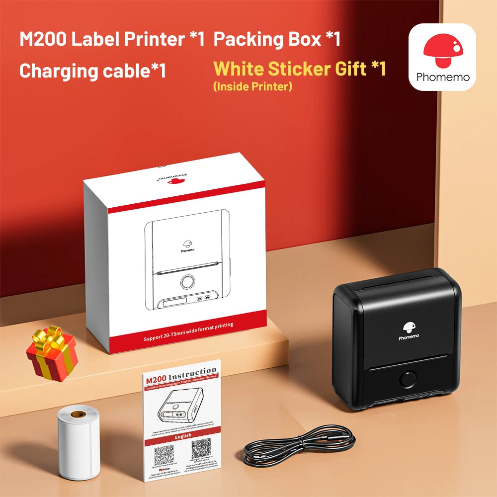 Phomemo M200 Bluetooth Thermal Label Printer Sticker Label Maker for Small Businesses Shipping and Address Labels (20-75mm)