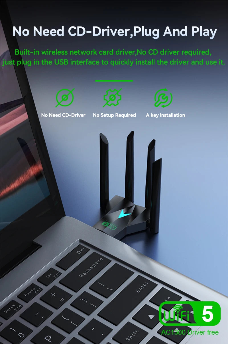 1300Mbps WiFi USB Adapter Dual Band 2.4G+5.8G Driver-free 4 Antennas USB 3.0 High-Speed Wireless Card WIFI Hotspot Sharing PC