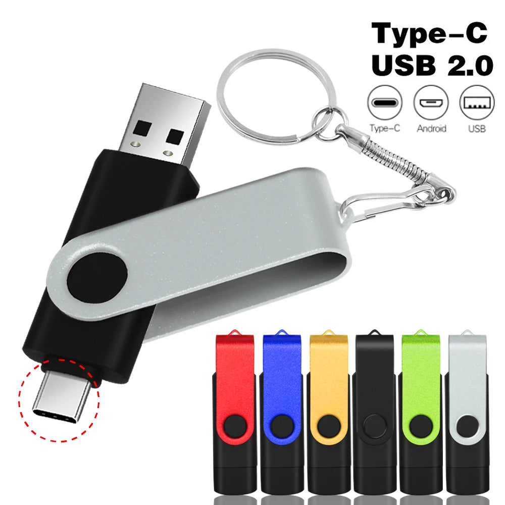 TYPE-C 2 IN 1 Pen Drive With Free key Ring 128GB Rotatable Metal USB 2.0 Flash Drive 64GB Business Gift Memory Stick 32GB 16GB