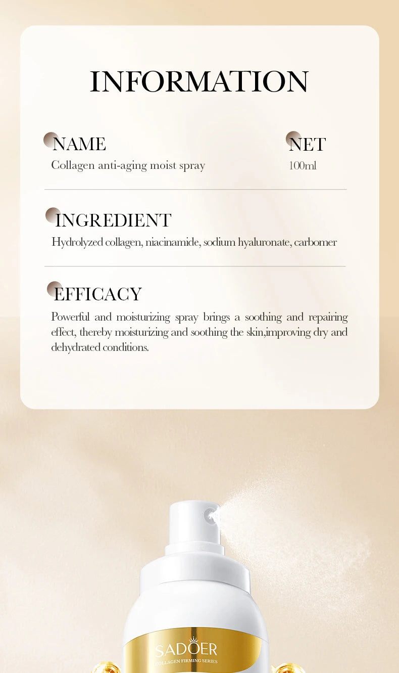 SADOER Collagen Anti Wrinkle Moisturizing Facial Spray Cream Hydrating Whitening Anti-aging Face Cream Toner Facial Lotion