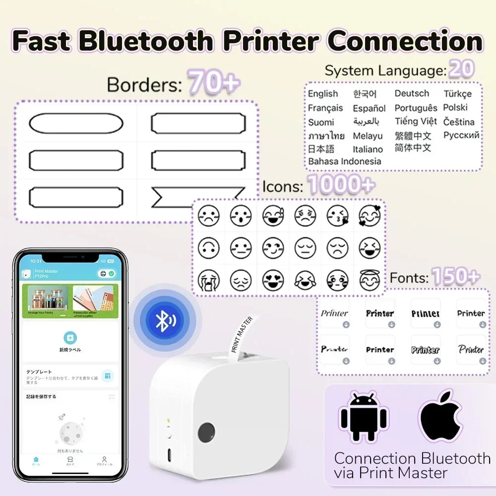 Phomemo Label Printer P12 PRO Portable Label Maker 12mm Rechargeable Bluetooth Inkless Printer Multiple Template for Office Home