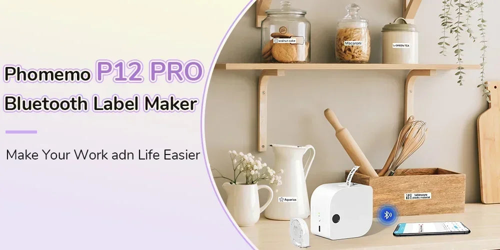 Phomemo Label Printer P12 PRO Portable Label Maker 12mm Rechargeable Bluetooth Inkless Printer Multiple Template for Office Home