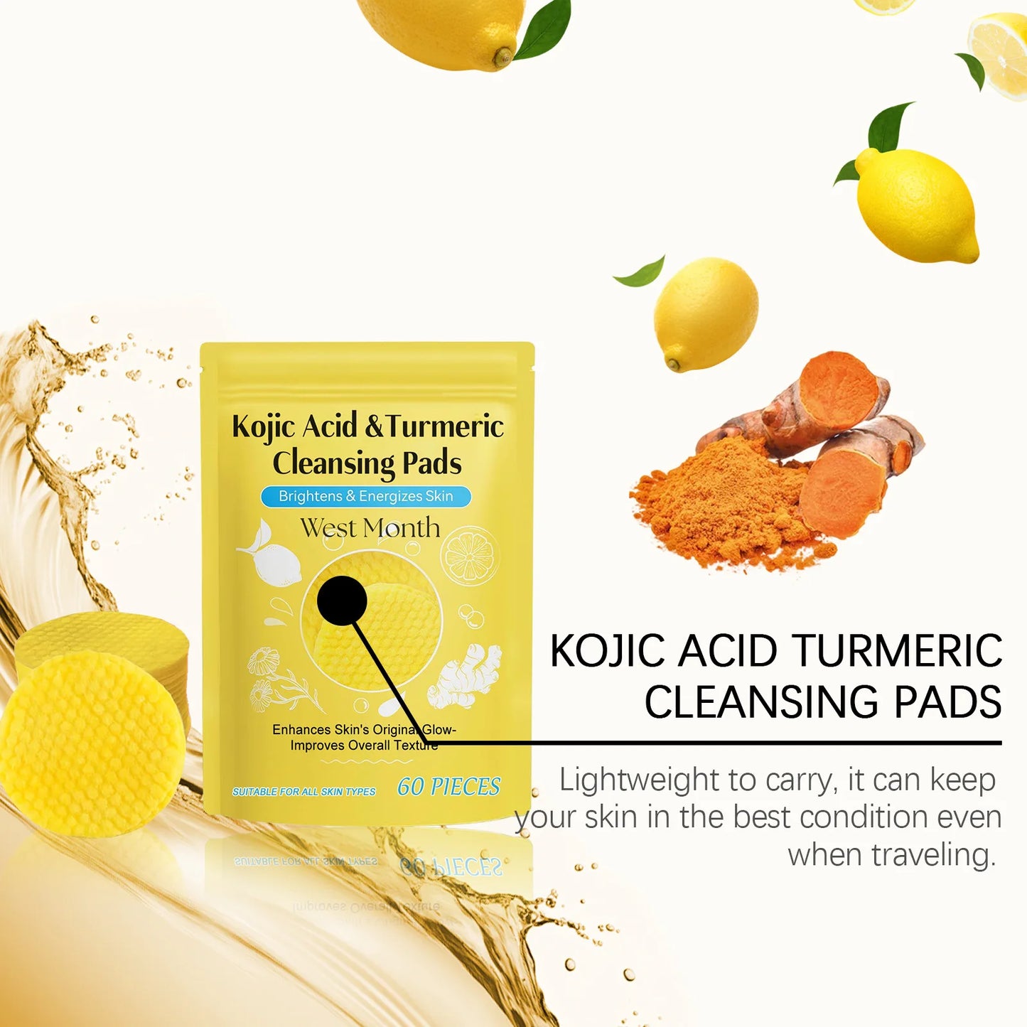 Turmeric Kojic Acid Cleansing Pads Exfoliating Remove Dead Skin Acne Fade Melanin Oil Control Nourish Glow Facial Wash Sponges