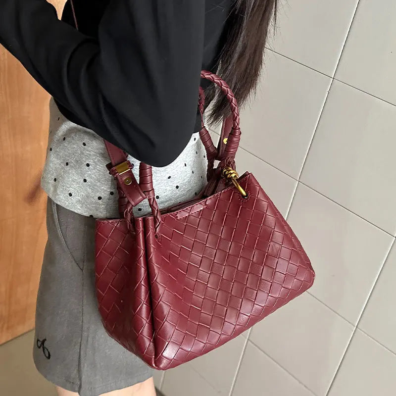 Woven Texture Bucket Bag - Stylish Unique Tote Basket Handbag, Soft Leather Crossbody/Shoulder Purse for Women
