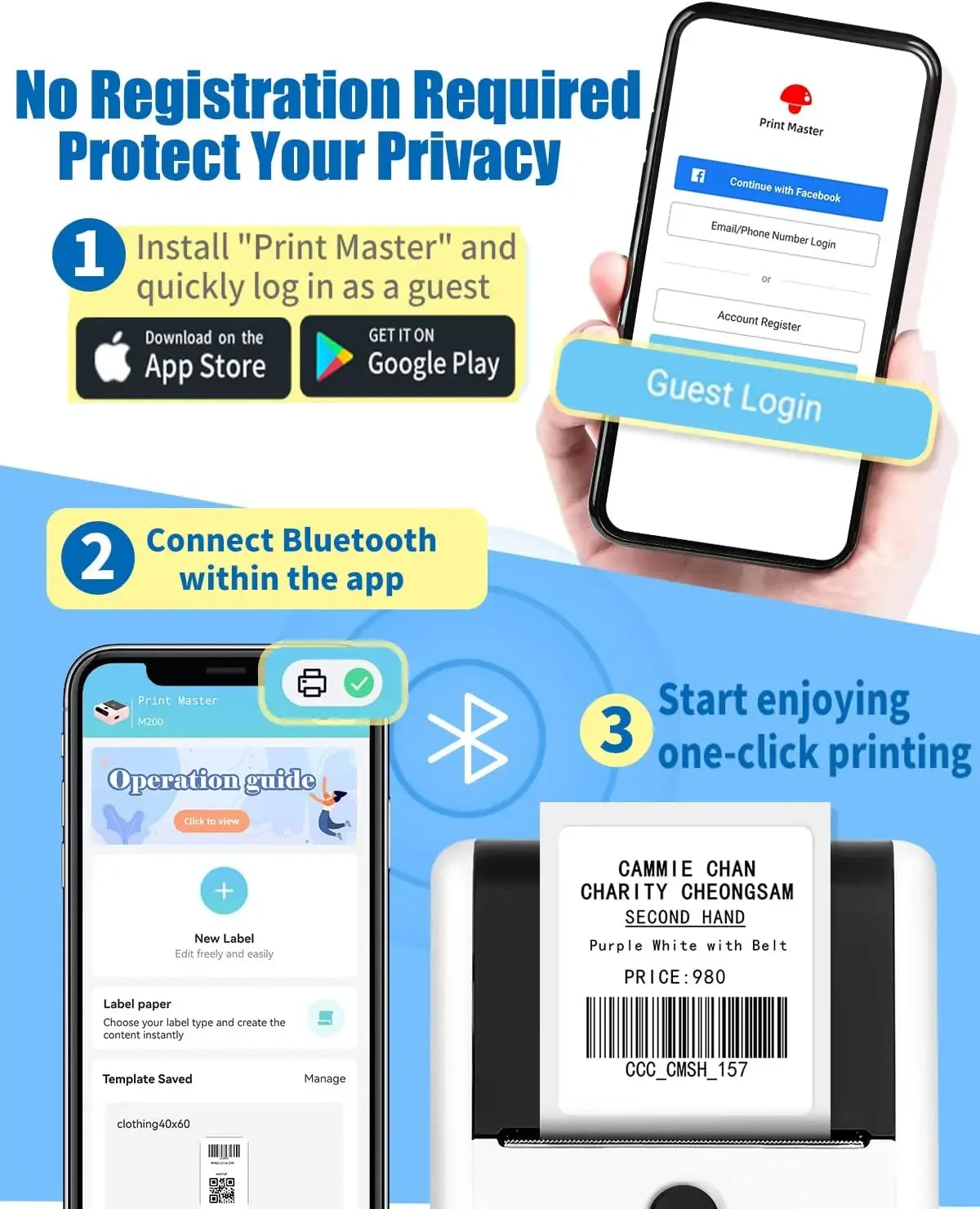 Phomemo M200 Bluetooth Thermal Label Printer Sticker Label Maker for Small Businesses Shipping and Address Labels (20-75mm)