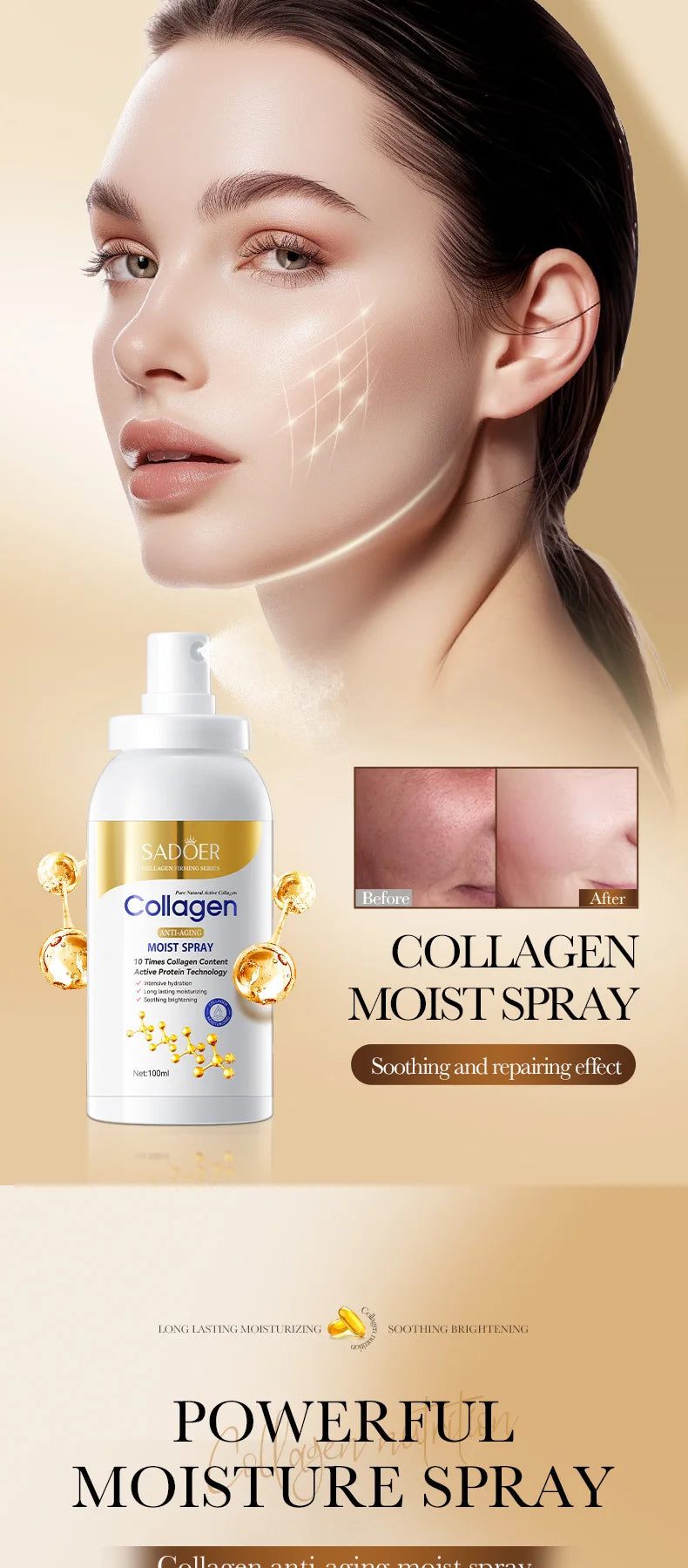 SADOER Collagen Anti Wrinkle Moisturizing Facial Spray Cream Hydrating Whitening Anti-aging Face Cream Toner Facial Lotion