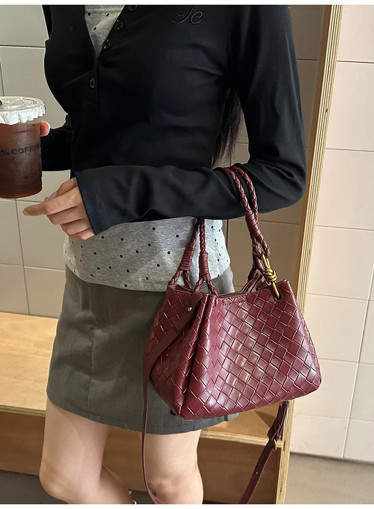 Woven Texture Bucket Bag - Stylish Unique Tote Basket Handbag, Soft Leather Crossbody/Shoulder Purse for Women