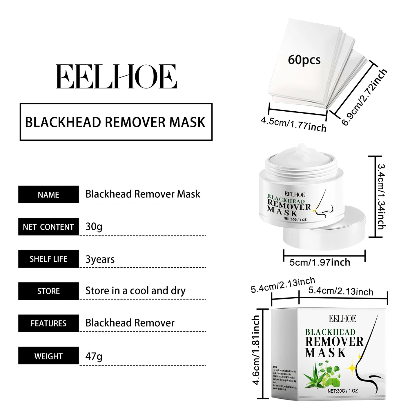 Blackhead Remover Nose Mask Deep Cleaning Shrink Pores Black Head Remove Stickers Peeling Black Head Strips Face Skin Care 60pcs
