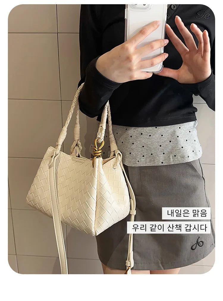 Woven Texture Bucket Bag - Stylish Unique Tote Basket Handbag, Soft Leather Crossbody/Shoulder Purse for Women