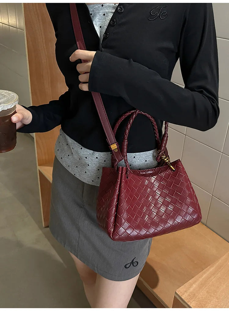 Woven Texture Bucket Bag - Stylish Unique Tote Basket Handbag, Soft Leather Crossbody/Shoulder Purse for Women