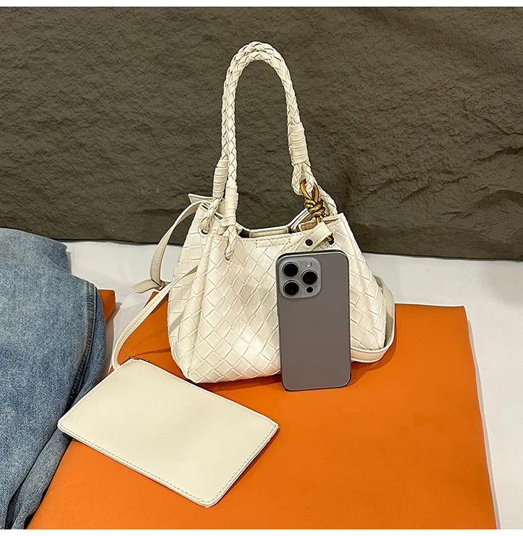 Woven Texture Bucket Bag - Stylish Unique Tote Basket Handbag, Soft Leather Crossbody/Shoulder Purse for Women