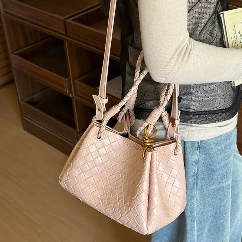 Woven Texture Bucket Bag - Stylish Unique Tote Basket Handbag, Soft Leather Crossbody/Shoulder Purse for Women