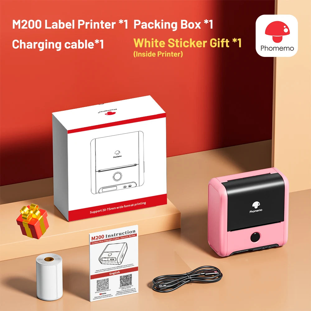 Phomemo M200 Bluetooth Thermal Label Printer Sticker Label Maker for Small Businesses Shipping and Address Labels (20-75mm)