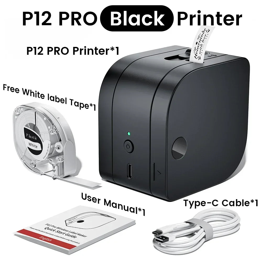 Phomemo Label Printer P12 PRO Portable Label Maker 12mm Rechargeable Bluetooth Inkless Printer Multiple Template for Office Home