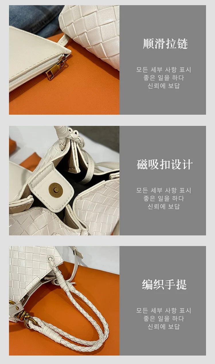 Woven Texture Bucket Bag - Stylish Unique Tote Basket Handbag, Soft Leather Crossbody/Shoulder Purse for Women