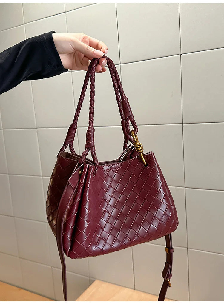 Woven Texture Bucket Bag - Stylish Unique Tote Basket Handbag, Soft Leather Crossbody/Shoulder Purse for Women