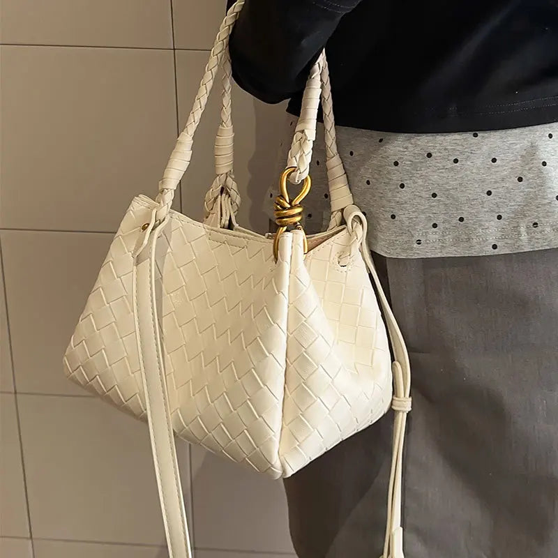 Woven Texture Bucket Bag - Stylish Unique Tote Basket Handbag, Soft Leather Crossbody/Shoulder Purse for Women